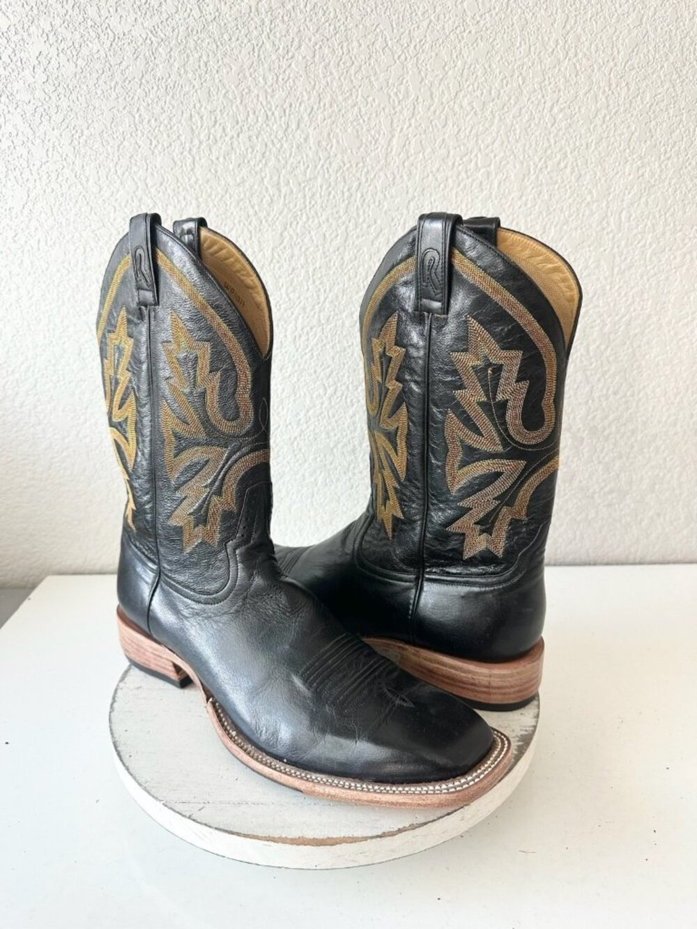 Rod Patrick Mens Black Cowboy Boots Gold Embroidery Square Toe Leather 14.5A